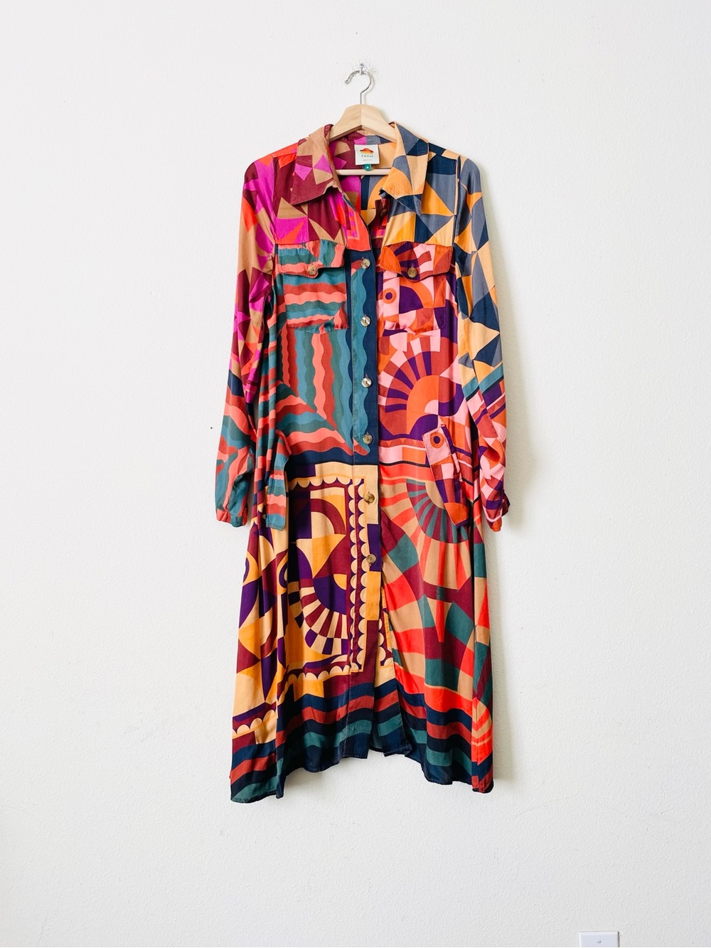 Farm Rio MEDIUM Graphic Scarves multicolor long sleeve pocketed shirt dress - Picture 3 of 12